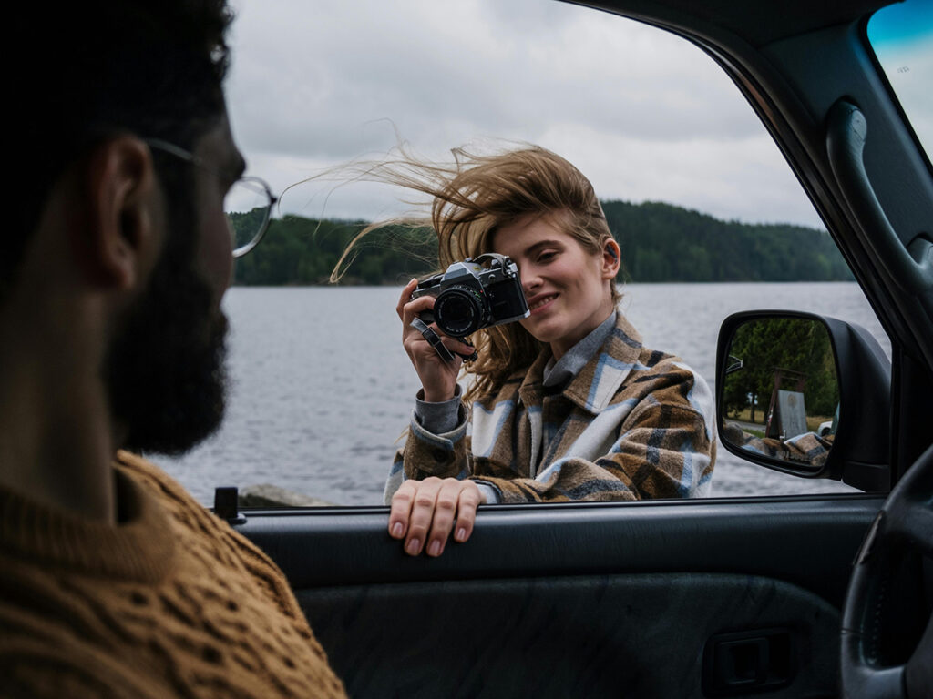 ragazza che fotografa il fidanzato in un viaggio in auto