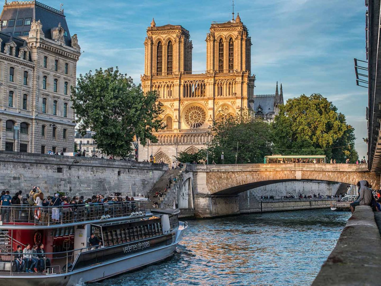 vista della Cattedrale di Notre-Dame dalla senna a Parigi, Francia